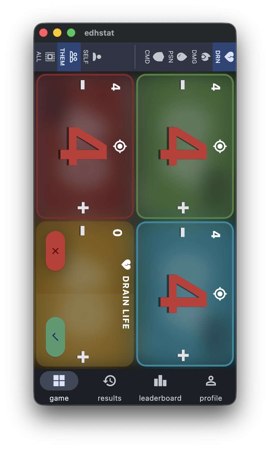 EDHStat Drain Life action in THEM mode showing values on the three targeted players