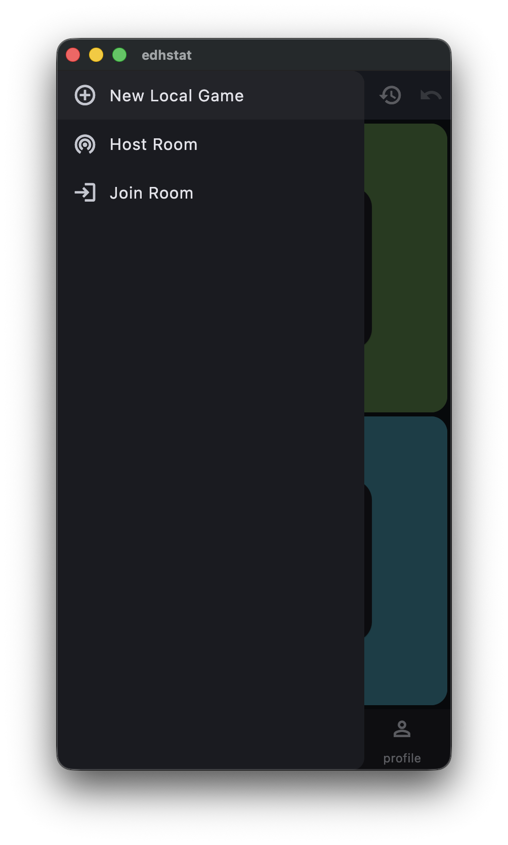 EDHStat session drawer open, showing New Local Game, Host Room, and Join Room options