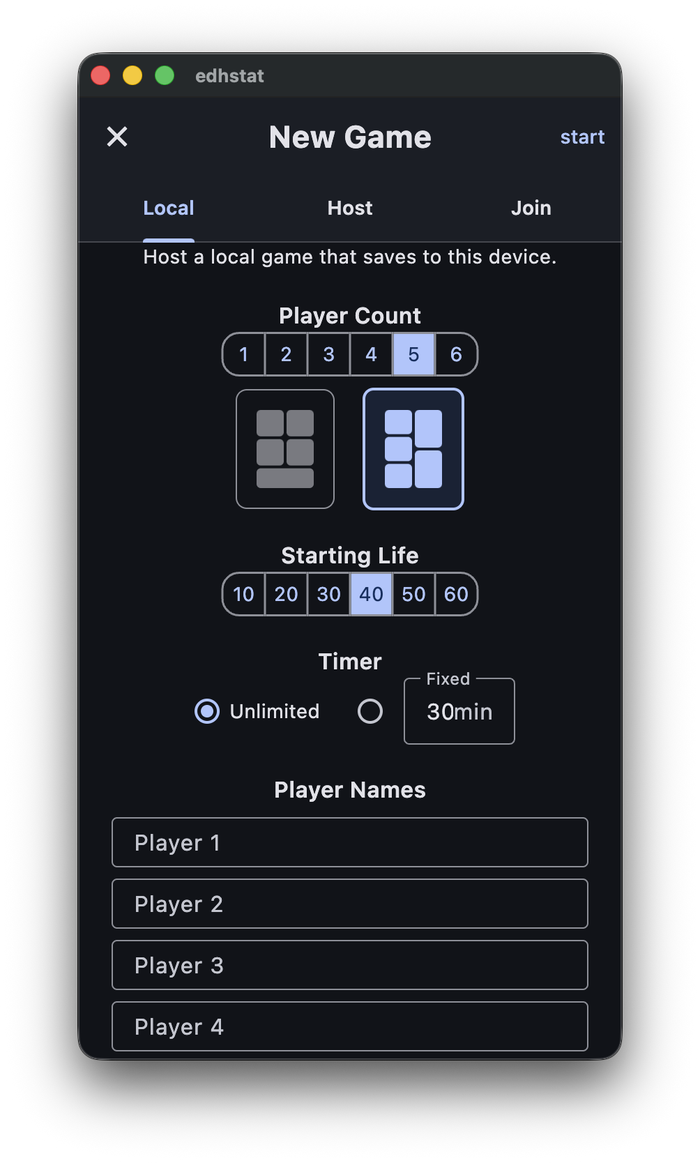EDHStat new game setup showing the two layout options for a five-player game