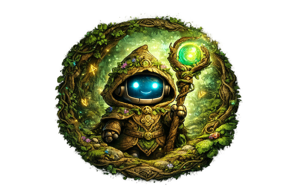 Funnan Software mascot — a friendly druid robot